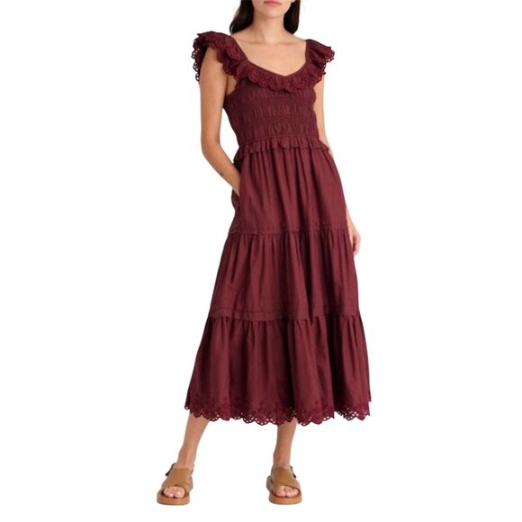 Madewell Lucie Midi Mulberry Embroidered Smocked Tiered Dress 4 Spring Summer - Picture 1 of 14